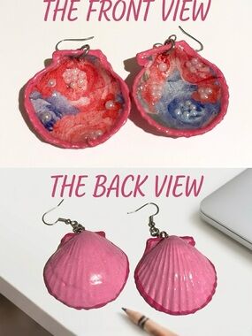 Handmade Pink Seashell Drop Earrings with Floral Interior